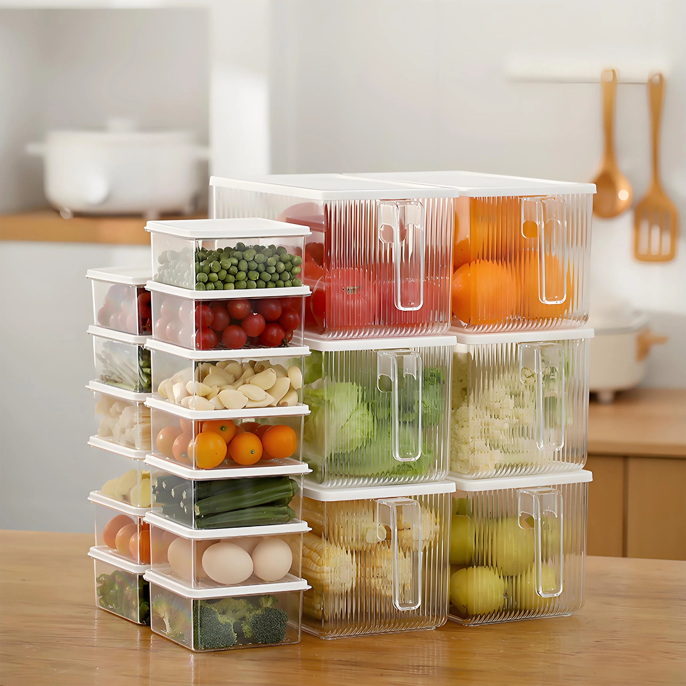 Caixa de Armazenamento de Alimentos em Plástico Empilhável com Tampa Selada Organizador para Cozinha e Despensa para Freezer e Geladeira para Volta às Aulas