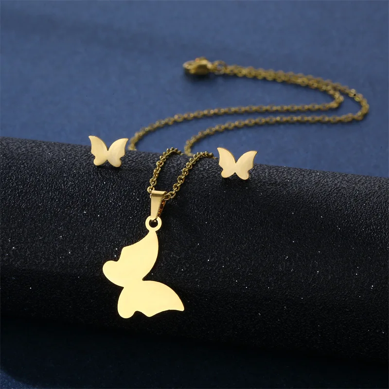 Fashion Butterfly Stainless Steel Necklace Stud Earrings Set