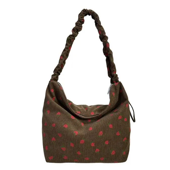 Borsa a Tracolla in Velluto a Coste con Stampa Fragola Personalizzata, Grande Capacità, Riutilizzabile, con Cerniera