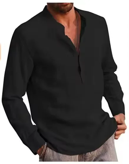 Men's Long Sleeve V-neck Casual Beach Linen Shirt