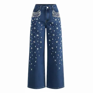 Hot-selling Casual Loose Slimming Jeans for Women with Beaded Straight Long Pants