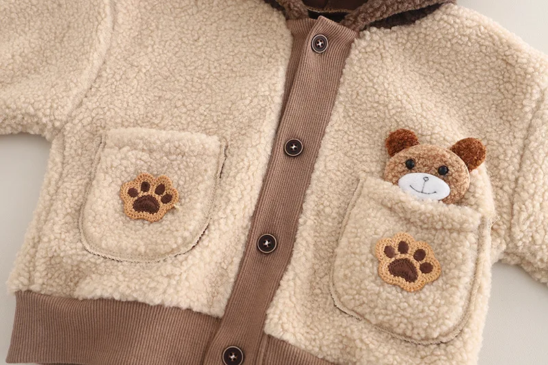 2025 Winter New Boys Fleece Scarf Hooded Long Sleeve Set Baby Warm Pants Two-Piece Clothing for Newborns