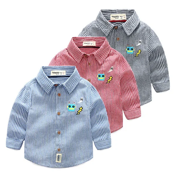 New Premium Embroidered Robot Striped Cotton Long-sleeved Butterfly Shirt for Boys Bloemen