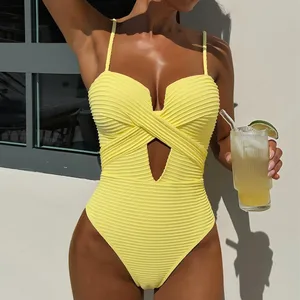 New Summer Women's Sexy and Fashionable Solid Color Suspender Hollow One-piece Swimsuit