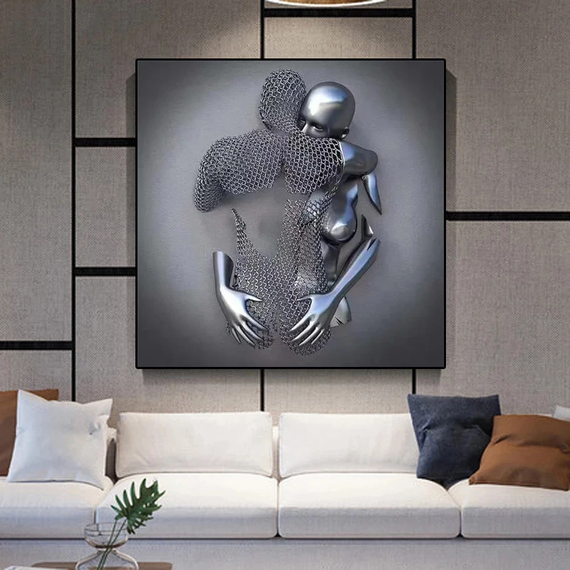 Abstract Metal and Sliver Figure Statue Canvas Paintings Modern Romantic Sculpture Poster Prints Wall Picture for Living Decor