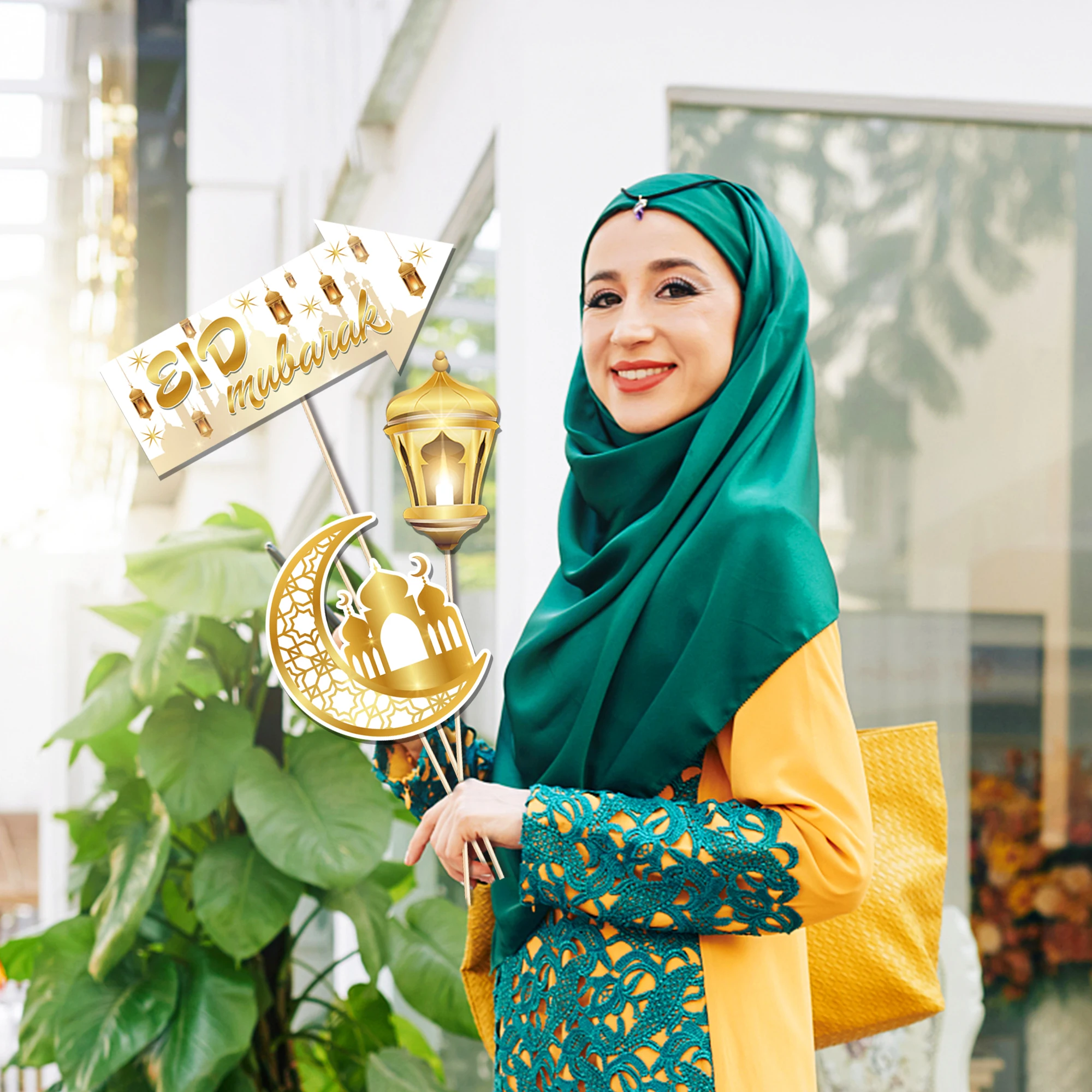 Pz279 Eid Mubarak Photo Booth Props White Gold Photo Props With Sticks ...