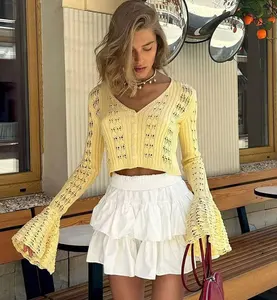 Summer Knit Long Sleeve Cardigan for Women V Neck Solid Silm Hollow Out Short Sweater Shirt Vacation Party Club Crop Top
