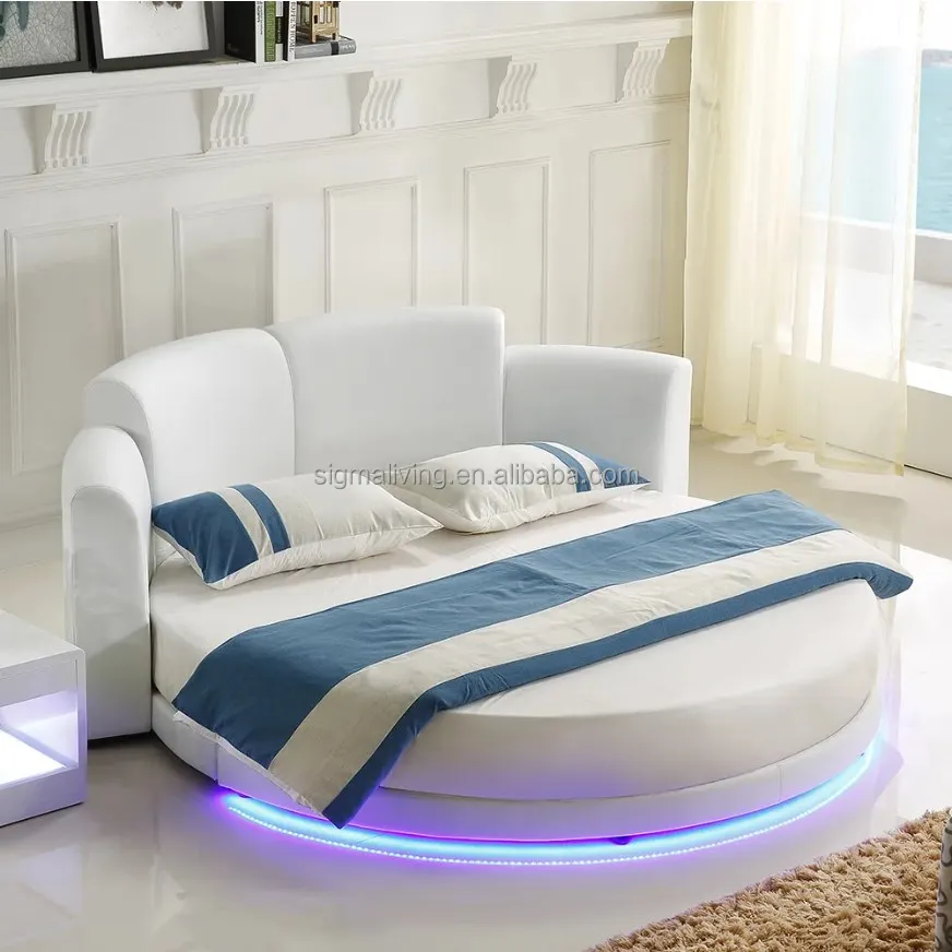White round platform bed faux leather led light upholstered bed