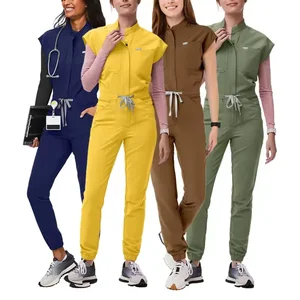 Stretchable Clinic Medical Dentist Dark Purple Color Outfit Nurse Scrubs Jumpsuit Women Scrubs Uniform