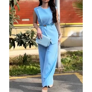 Wholesale Popular 2025 Autumn Round Neck Sleeveless Waist Top Straight Leg Wide Leg Pants Women's Set