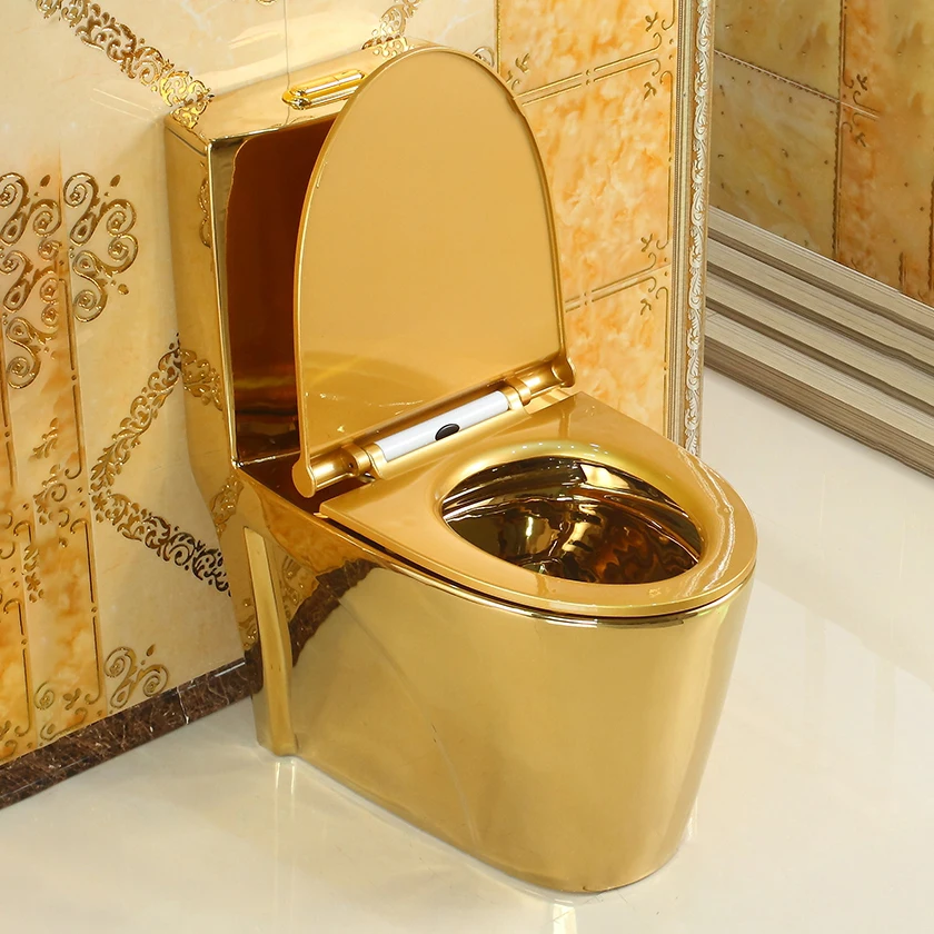Dubai Electroplated Gold Luxury Modern Commode Toilet Bowl Bathroom Floor Mounted Elongated One-Piece Structure WC Golden Finish