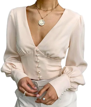New arrivals womens fashion blouse custom V neck pearl buttons closure long balloon sleeves short top blouse