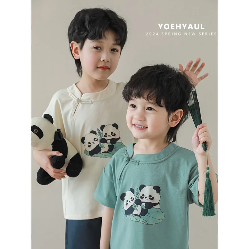 YOEHYAUL Qipao Chinese off-Shoulder Loose Children's T-shirt