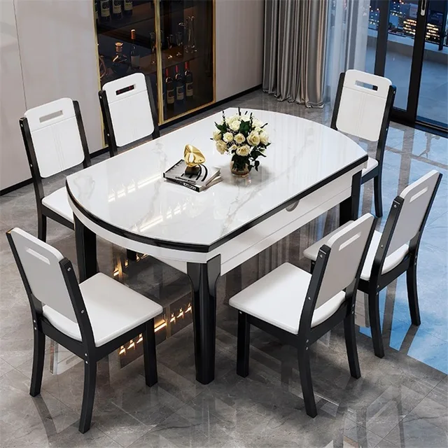 Modern Minimalist Home Furniture Dining Room Set 6 Seater Square And Round Dual-use Extendable Rock Plate Dining Table