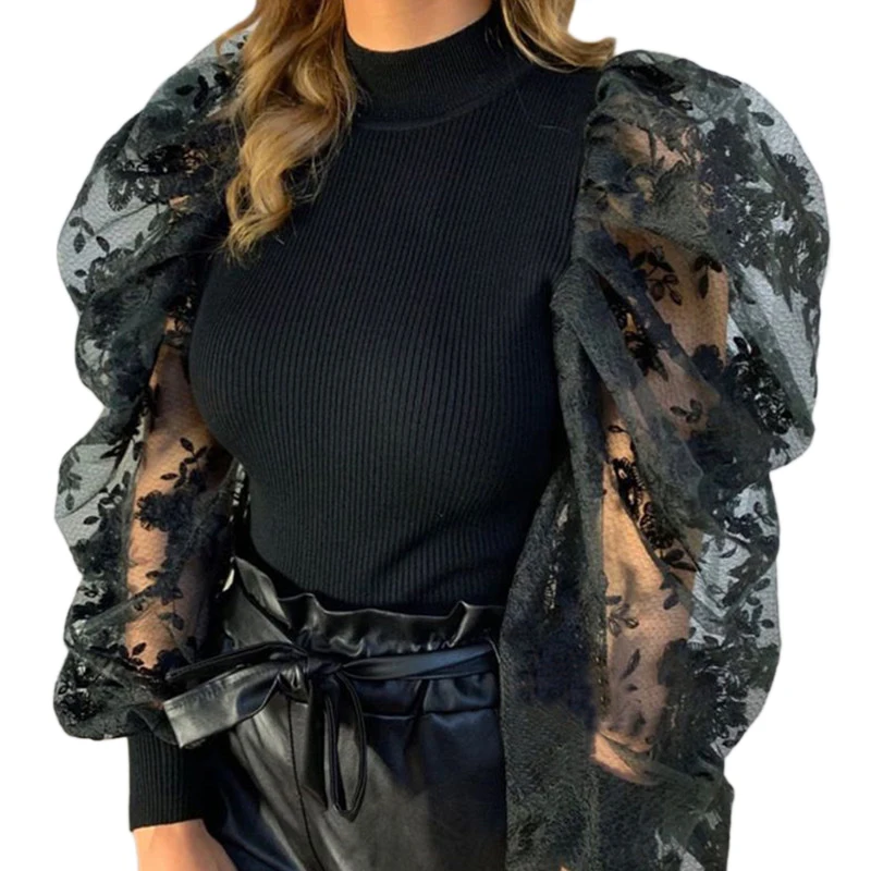 Shirt Mesh Stitching Bubble Sleeve Tops 