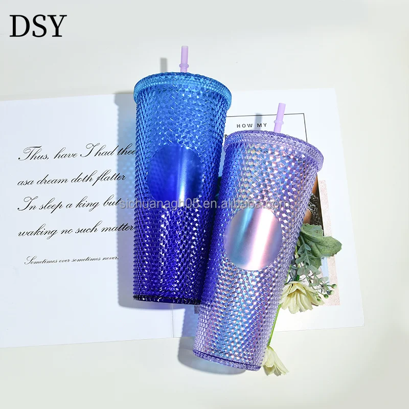 DSY BPA FREE 24oz Coffee Mug Double Wall Plastic Acrylic Shiny Matte Snow globe Studded Cups Tumbler with Straw and brush