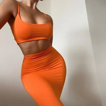 Fall outfits orange prom Two Piece Skirt Set female Pencil frocks sexy pink Solid lingerie slip under Woman's Dress