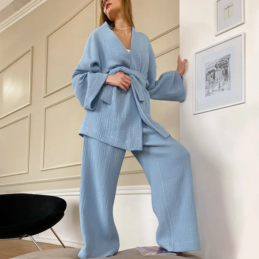 Womens Washed Cotton Gauze Pajama Set Double Layer Breathable Long Sleeve Wrap Full Length Pants Autumn Loungewear — detail