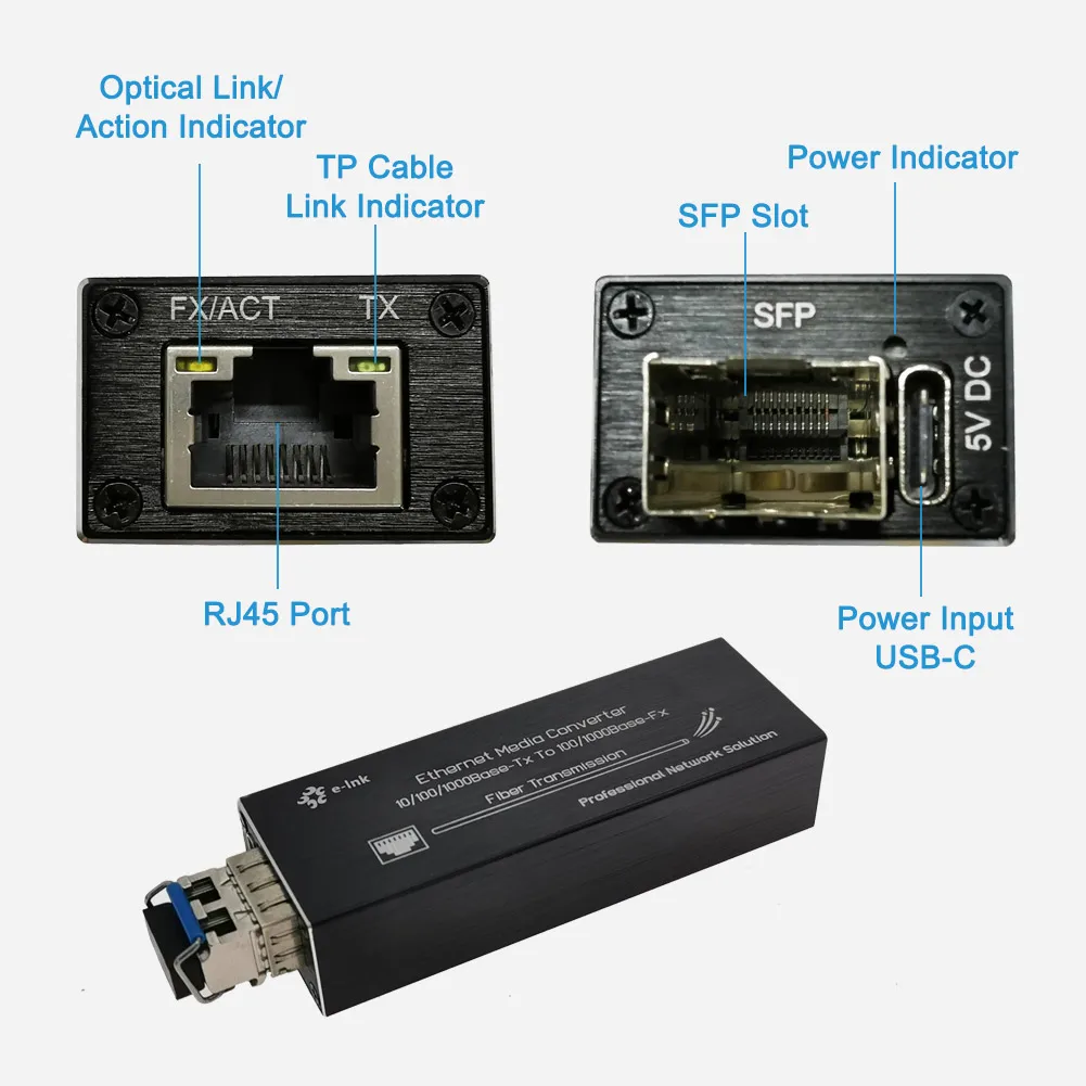 Micro Mini Size 10 100 1000BASE-T to 100 1000BASE-X SFP Fiber Media Converter 5V USB Type-C Input or PoE Powered