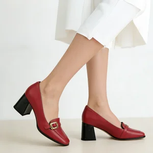 Women's Red PU Loafers-Gold Buckle Trim Soft Chunky Heel Square-Toe Outdoor Dress Footwear