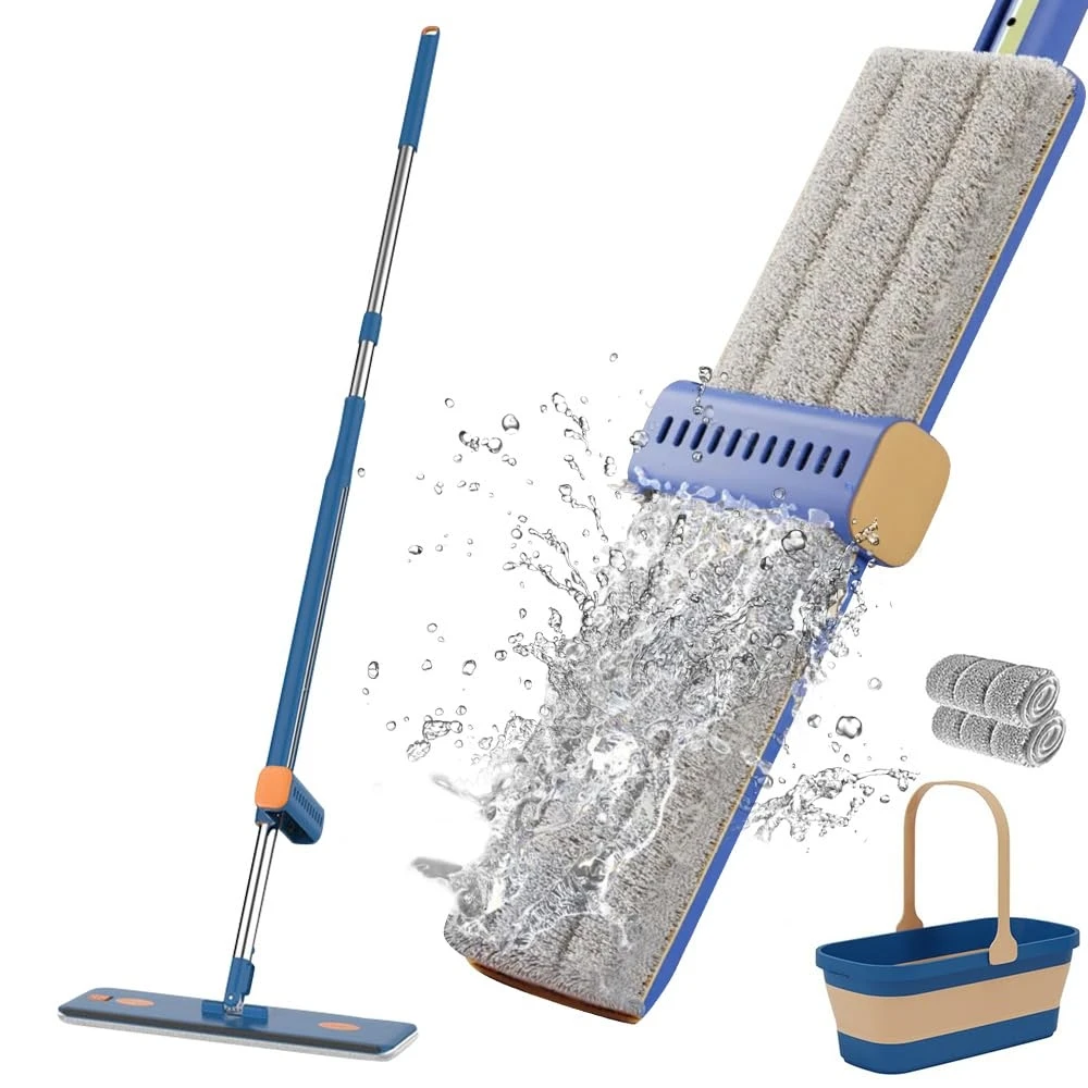 2024 360 Rotating Magic Large Flat Professional Mop and Bucket Set with Washable Microfiber Pads Wet and Dry Use Floor Cleaning