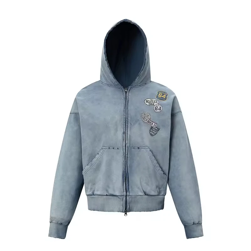 OEM Customized Vintage Snow Wash Zipper Hoodie American Trend Retro High Quality Letter Print Casual Loose Fit Zipper Hoodie gallery 2
