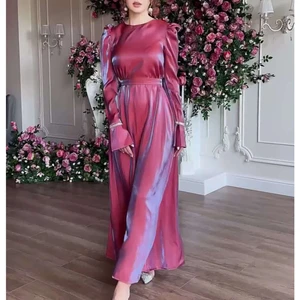 2025 Spring Ladies Satin O-neck Flare Sleeve Lace up Elegant Dresses Female Fashion Casual Clothes Vestidos Women Long Dress