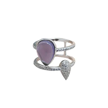 2022 Silver Rings Women 925 sterling Double Layers White Diamond Purple Natural Stone Rings