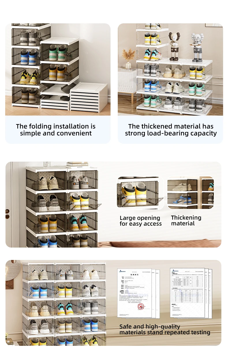 Wannuo 1/3/6layers Custom collapsible display shoe box Plastic transparent folding shoe case Front door shoe storage box details