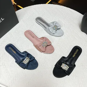 Summer New Style Bow Knot Round Head Fashionable Foreign Style One Flip-flop Female Shoe Flat Female Cool Slipper