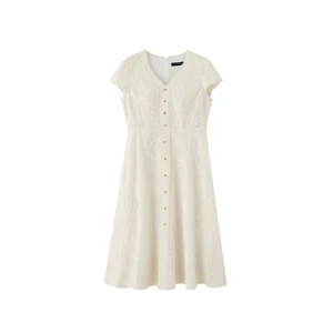 Quality Women's Casual Midi Dress with Embellished Lace Hand-Sewn 64% Cotton Draped Style Boutique Women Clothing