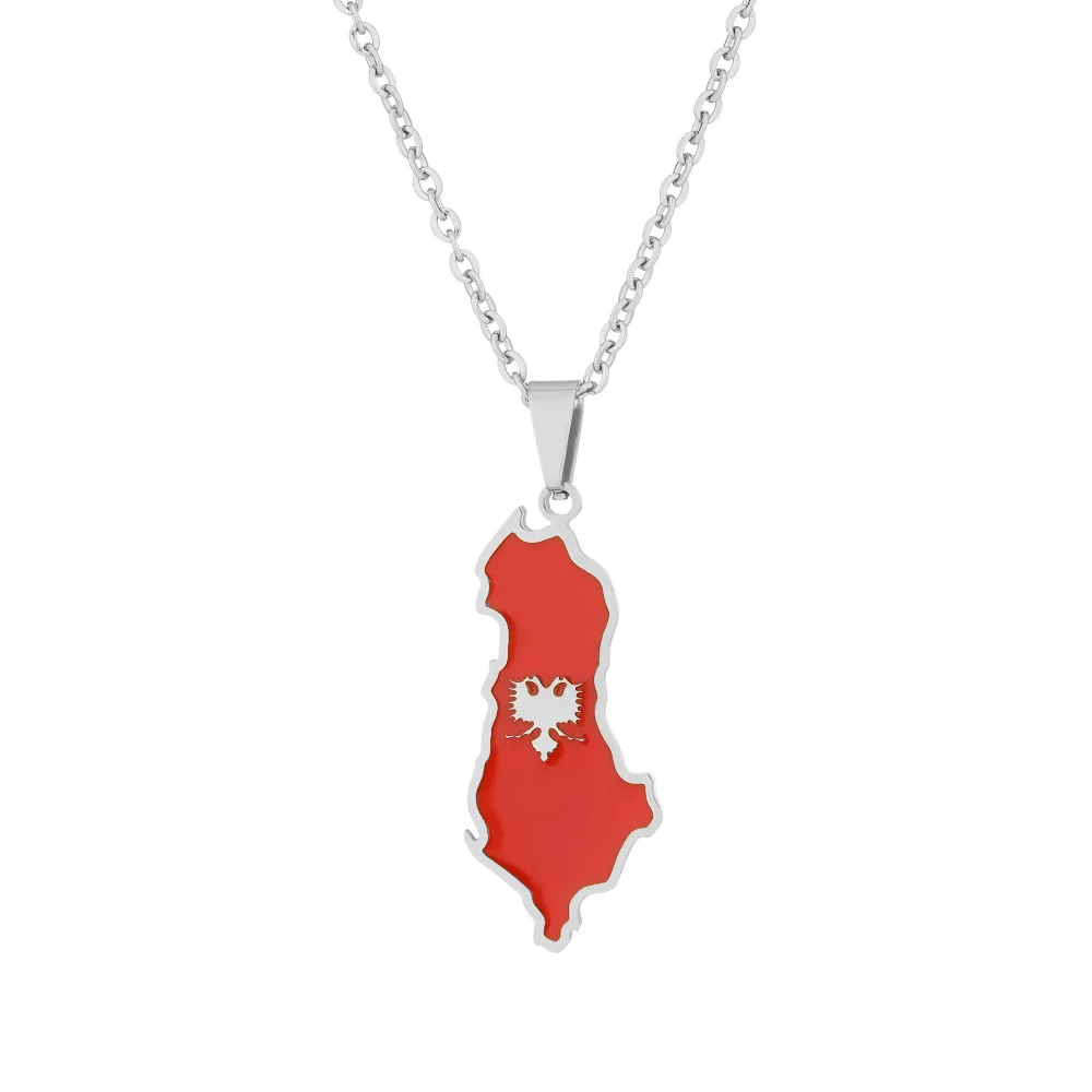 Collana con Ciondolo Mappa della Bandiera della Repubblica d'Albania e Collane con Bandiera dell'Aquila Albanese in Acciaio Inossidabile Argento e Oro 18K di Produzione
