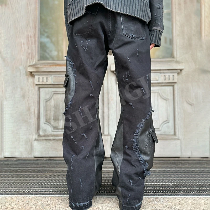 YSJY Manufacturer Custom Wax Leather Patchwork Cargo Denim Pants
