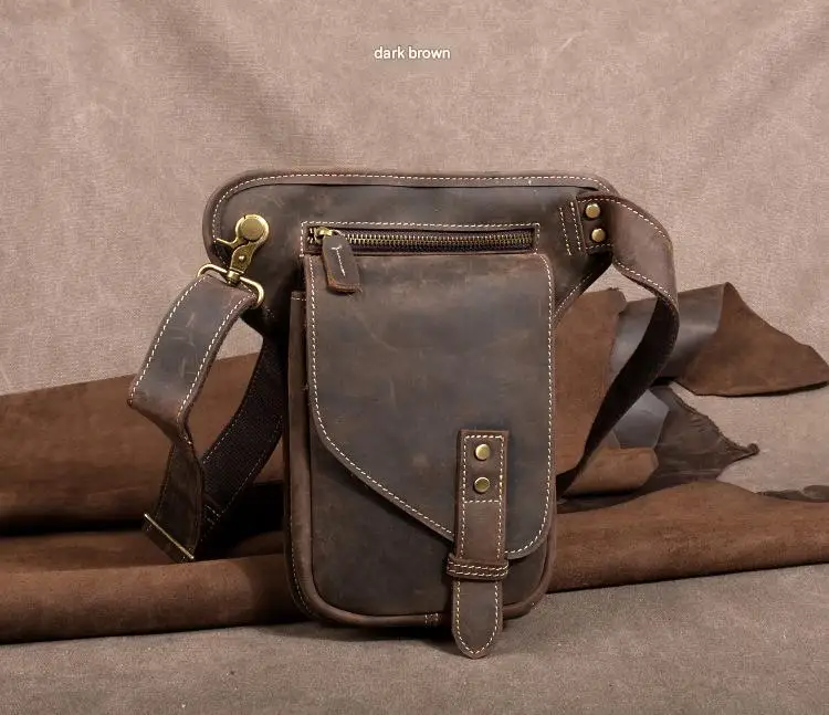 Vintage Genuine Crazy Horse Leather Waist Bag for Men Cowhide Motorcycle Crossbody Leg Saddlebags & Luggage