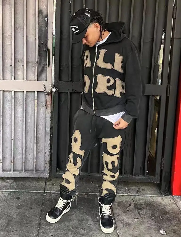 Custom Acid Wash Sweat Suit Cotton French Terry Zip up Tracksuit Applique Zipper Men Sweatpants Hoodie and Jogger Sweat Pant Set