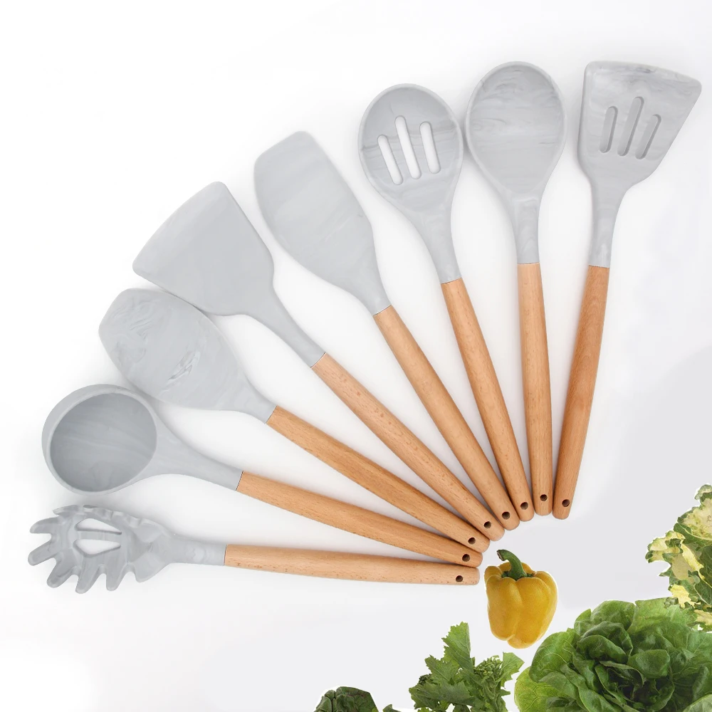 YF Hot Selling Kitchen Utensils Set with Natural Wood Handle Eco-friendly Silicone Cooking