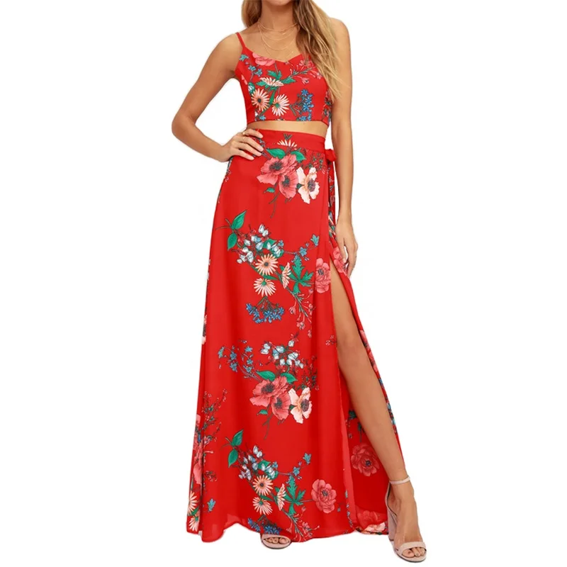 red floral two piece