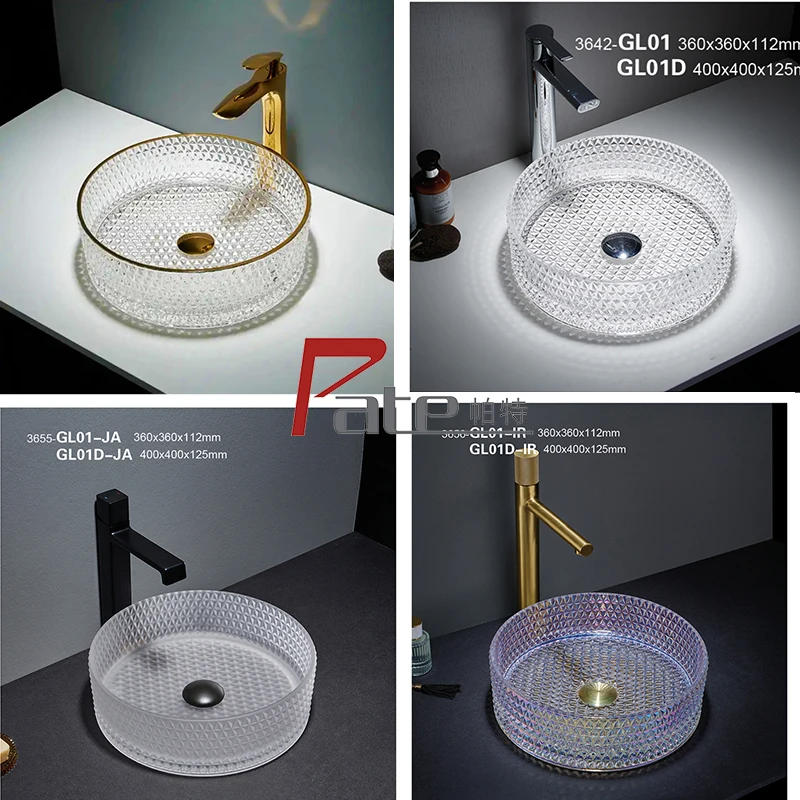 Modern Gold Line Crystal Wash Hand Basin Transparent Tempered Glass Bathroom Sink Counter Mount Installation Ceramic Stone