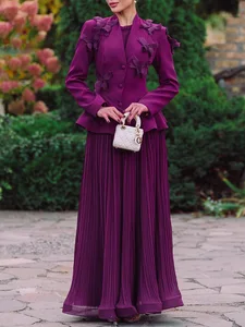 Purple 3D Butterfly Embellished Peplum Blazer & Pleated Maxi Skirt Set