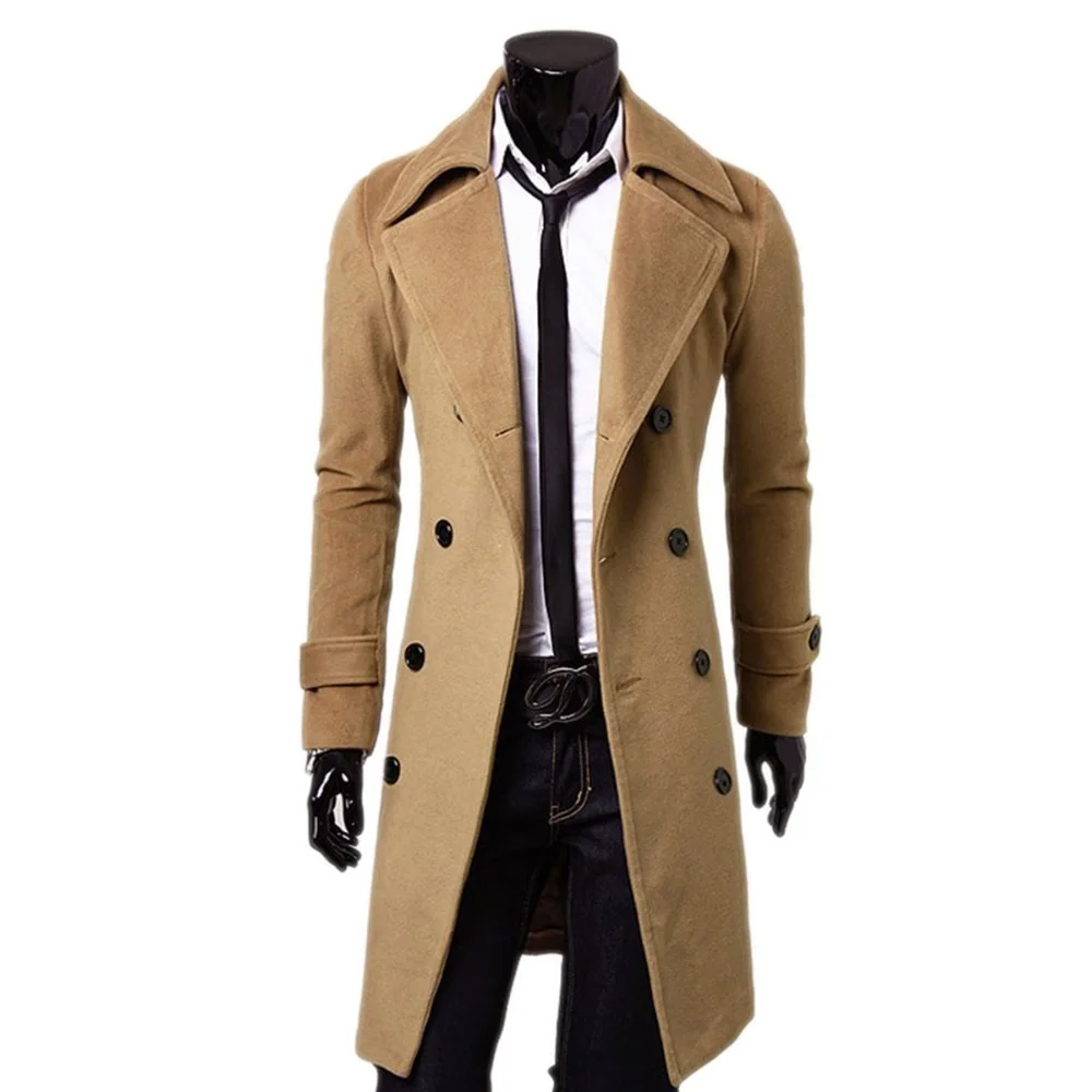 Fashion Autumn Long Trench High Quality Self-cultivation Solid Color Men's Coat Double-breasted Jacket_voghion.com