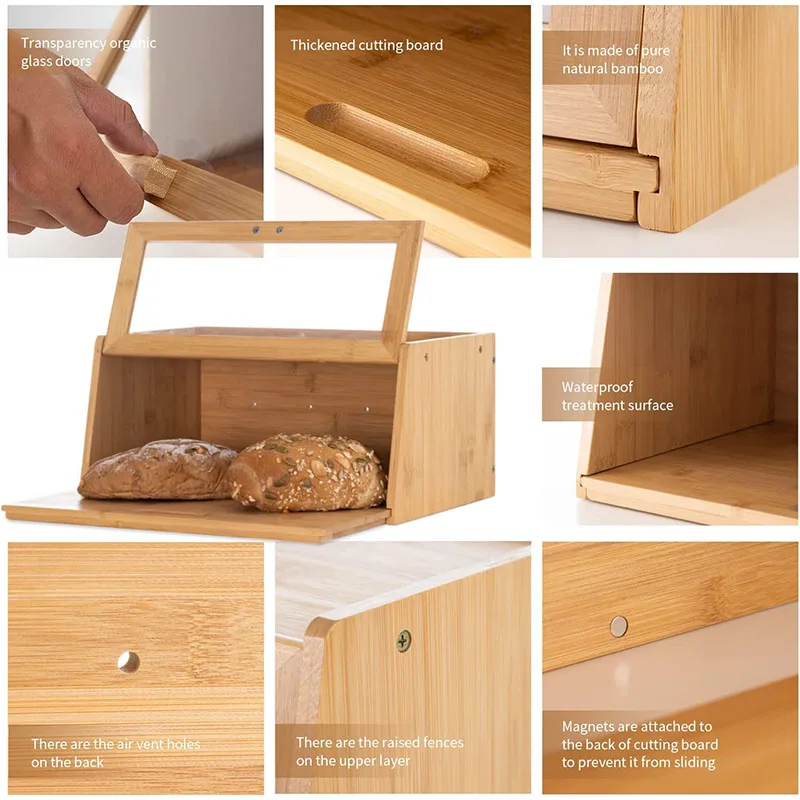 Custom High Quality Easyopening Bamboo Wooden Bread Bin Bread Storage