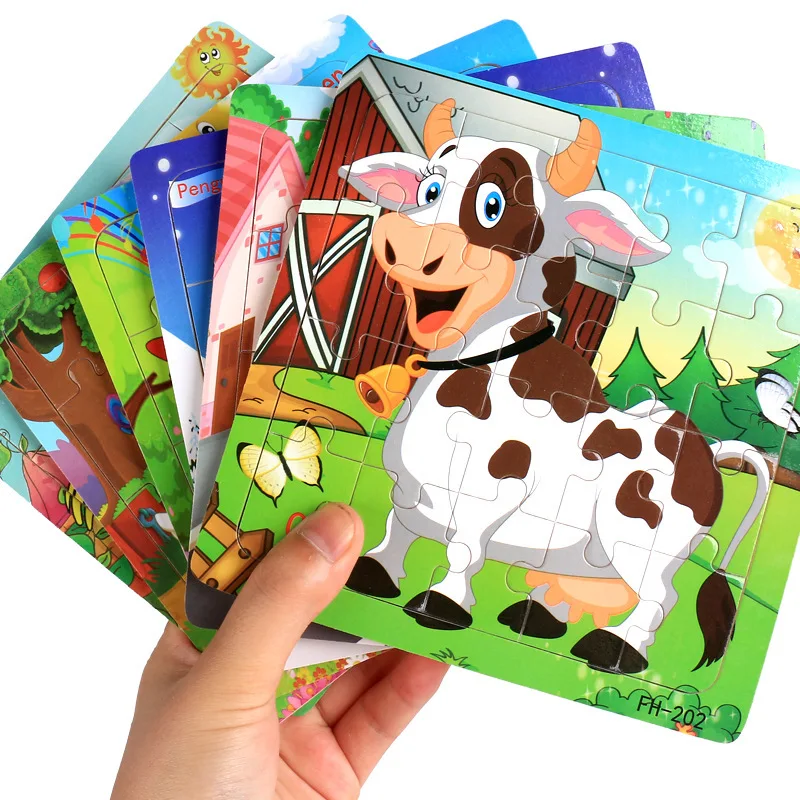 Niestandardowe 20 sztuk zwierząt drewniane puzzle gry wczesna inicjacja edukacyjna puzzle dla dzieci chłopców i dziewcząt