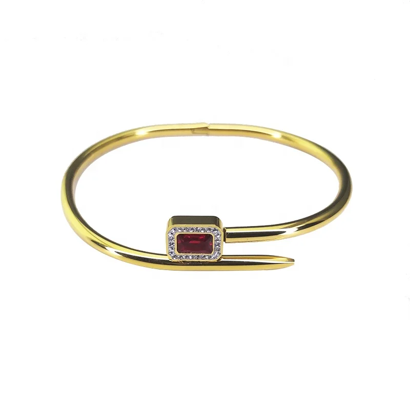 Latest 18K Gold Plated Stainless Steel Jewelry Pin Design Square Red Zircon Nail Bangle Ladies Accessories Bracelets B222302