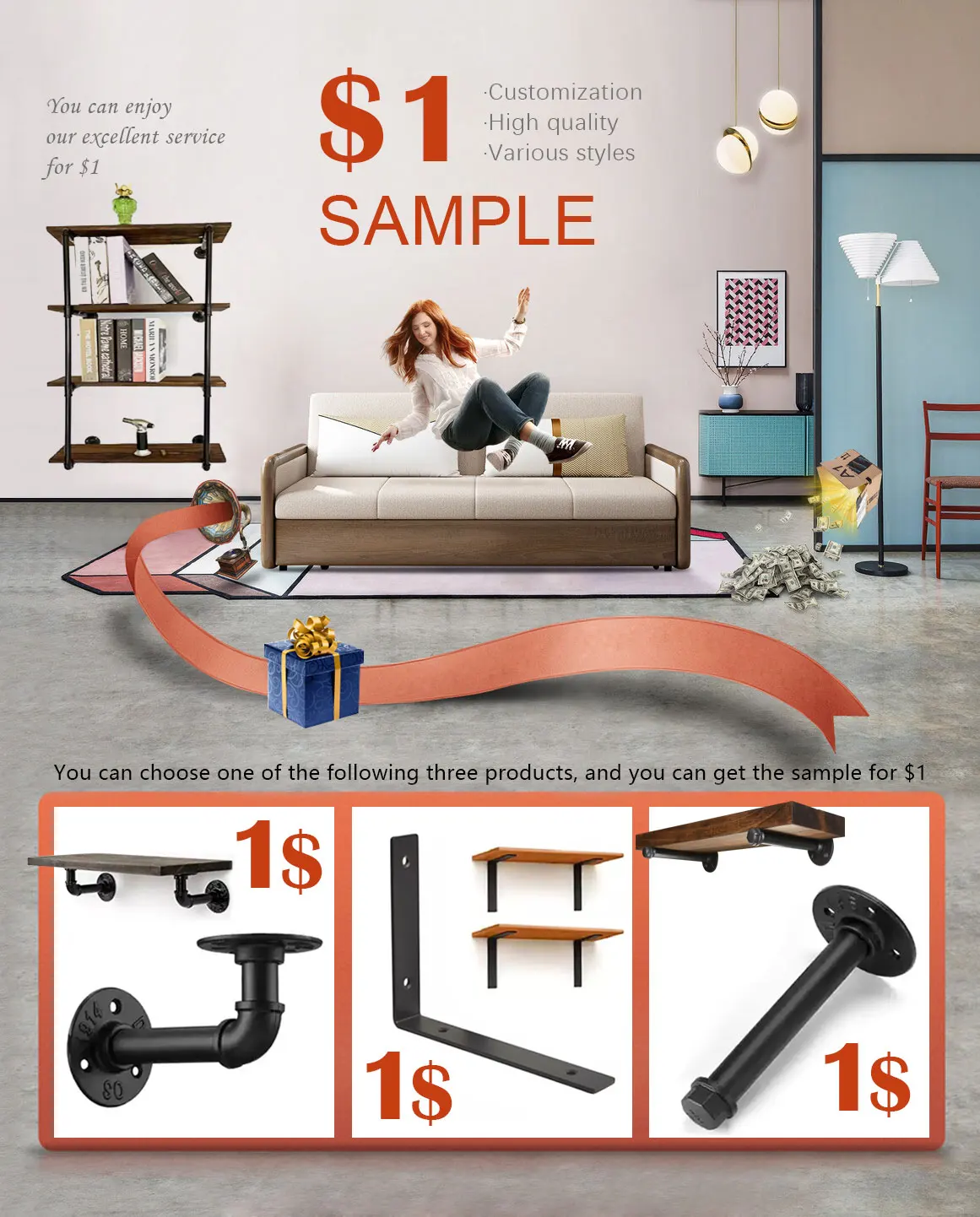 Metal Floating Shelves Design Black Malleable Iron Storage Shelf