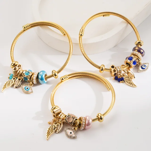 High quality gold plated angle wing eye charm bracelet large hole beads pearl pendant DIY bangle bracelet for women girls