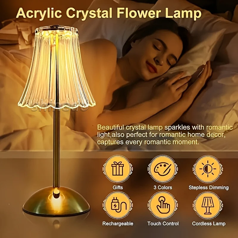 Rechargeable Crystal Portable Restaurant Touch Control Led Bar Table Lamp Cordless Hotel Luxury Modern Night Light Home Decor
