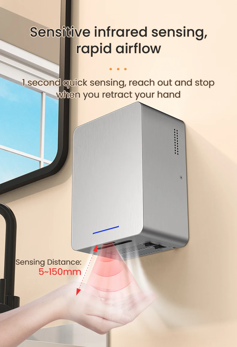 Commercial Wall Mounted Electric Hand Dryer Brushless Motor Air Blade