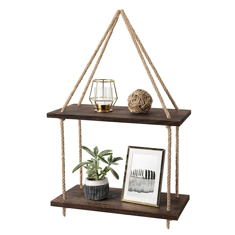 2 Tier Rustic Wall Hanging Shelf Boho Decor Plants Photos Display