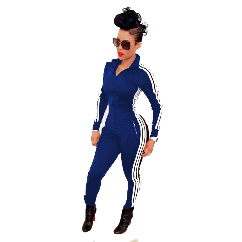 Women Casual Sporty Long Sleeves Stripes Patchwork Zipper Fashion Jumpsuit 2pcs 