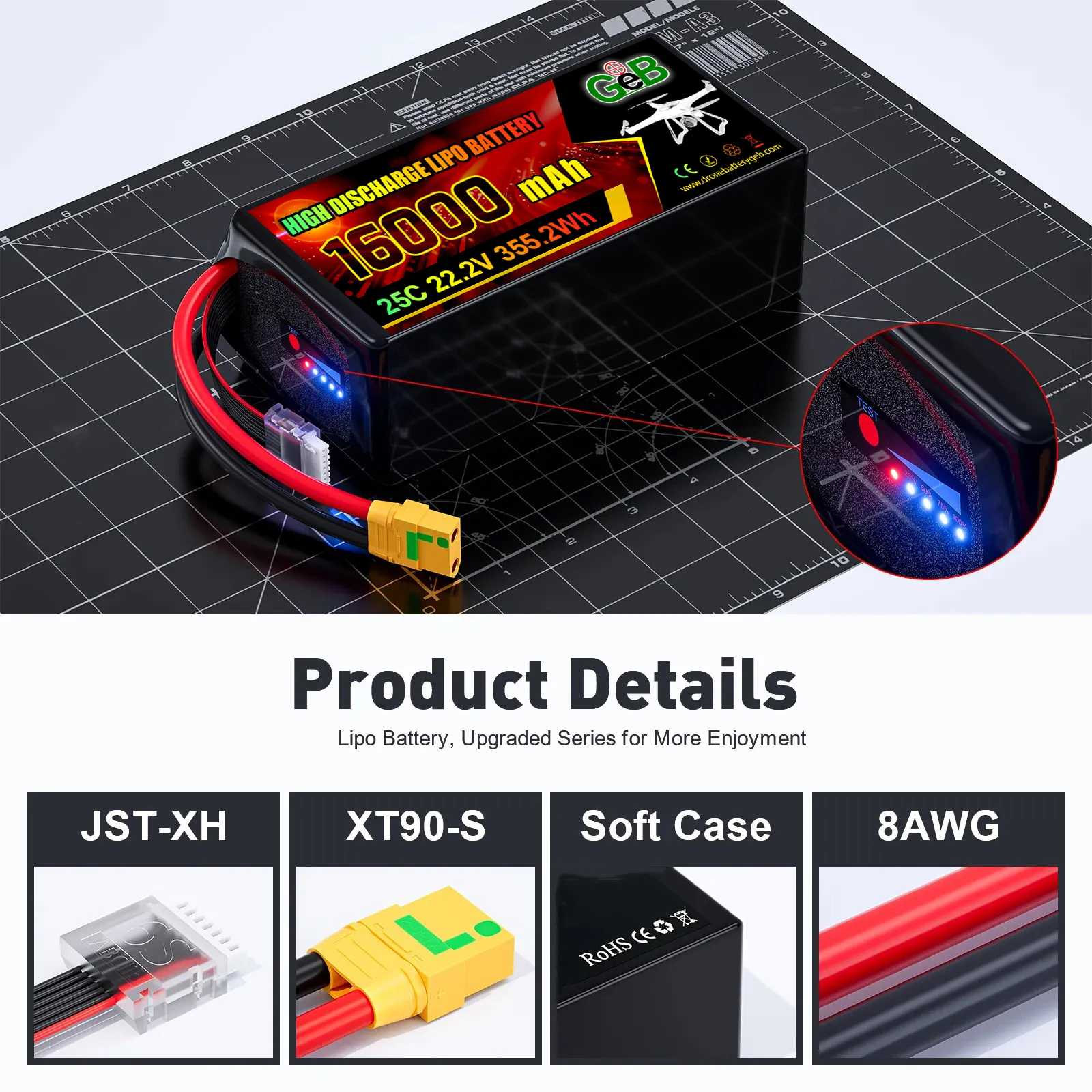 Bateri lipo berkapasiti tinggi GEB 7S 22.2V 16000mah 25C kadar nyahcas tinggi bateri polimer litium untuk bateri dron UAV